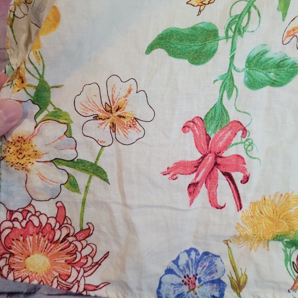 LAURA ASHELY LINEN BLEND BUTTON FRONT FLORAL PRINTED PUFF SLEEVE BOHO BLOUSE L - Picture 7 of 12